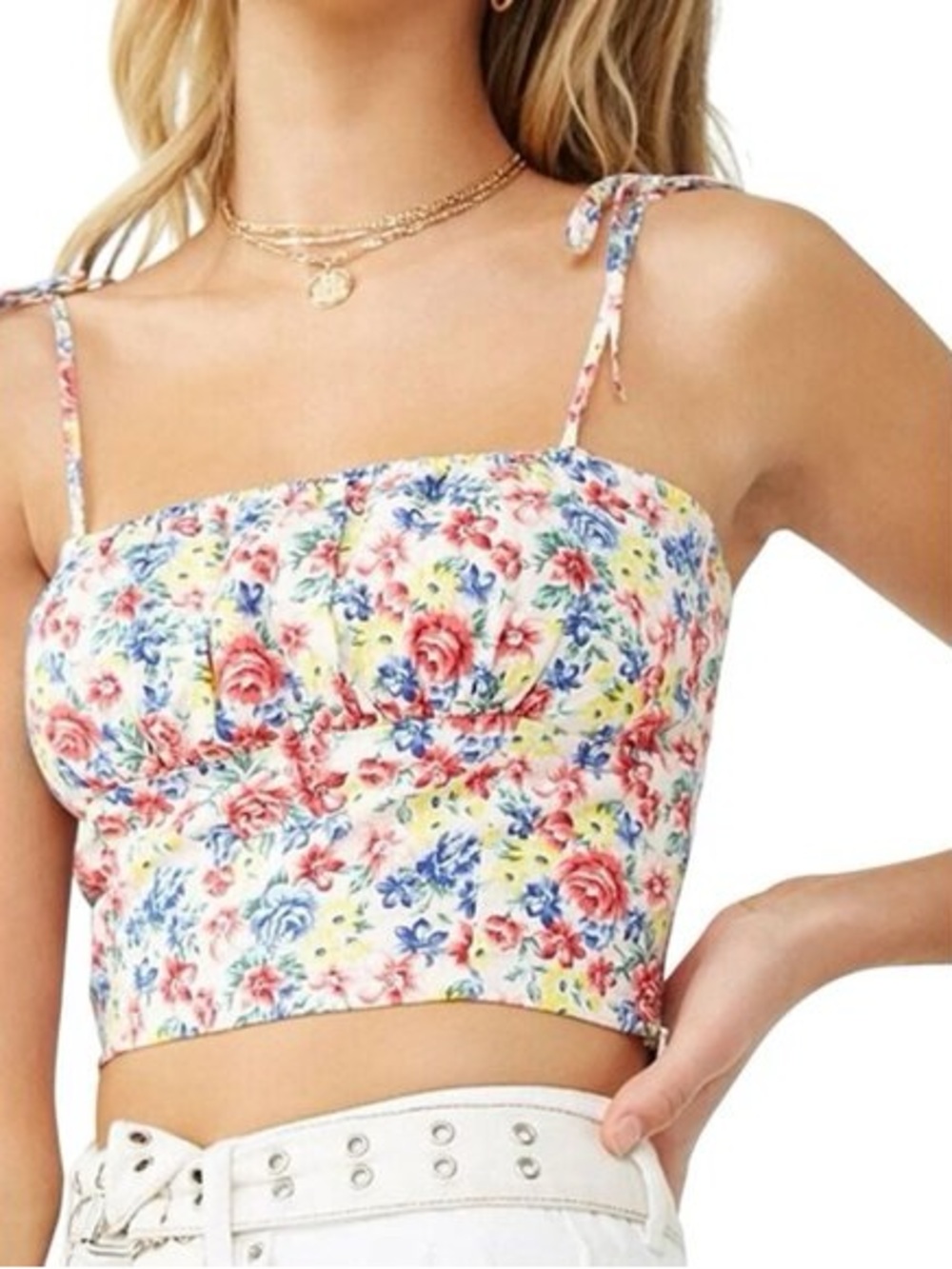 Forever 21 Yellow Floral Tie-Shoulder Cropped Tank